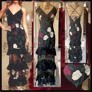 LuLus True to Heart Black Floral Embroidered Maxi Dress Rose ruffle gown Small